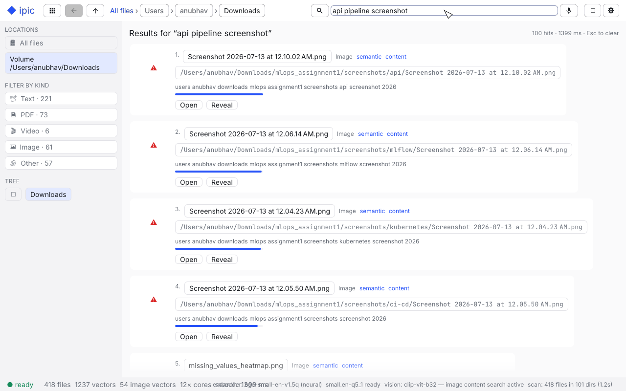 ipic app: a natural-language search returning 100 ranked hits across file types
